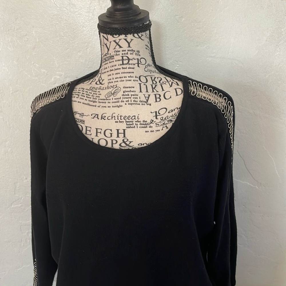 Jennifer Lopez Women's Black 3/4 Sleeve Metal Chain Trim Knit Sweater Size Large